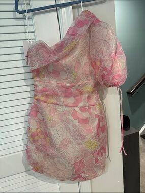 Amanda Uprichard Manuela Pink Floral One-Shoulder Puff-Sleeve Dress in Partridge